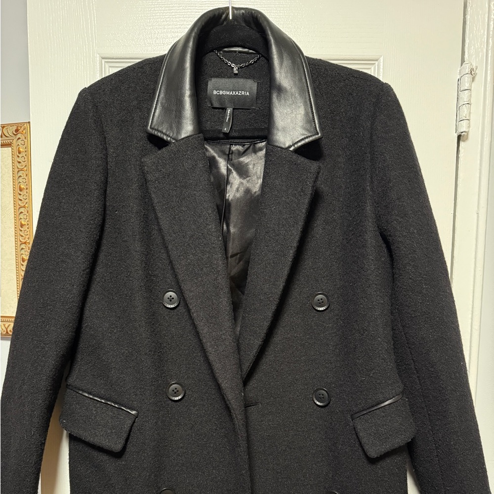 BCBG MAXAZRIA Black Peacoat with leather accents